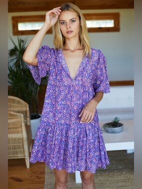 Emerson Fry India Collection Violet Wildflower Isla Dress Organic Cotton Large